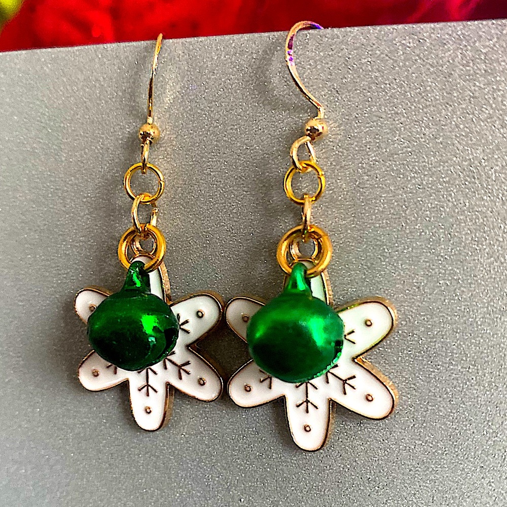 Elegant Green white and Gold Snowflake Earrings